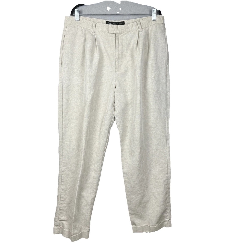 Vtg Dockers Khakis Pants Mens 38x32 Cotton Linen Pleated Relaxed Preppy *read‎